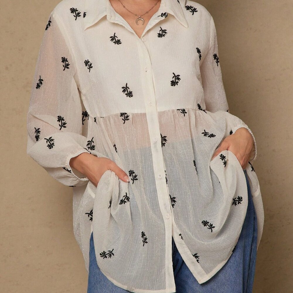 White Casual Women's Plus Size Floral Loose Sheer Button Down Blouse